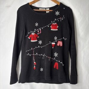 Isabella's Closet Women M Santas Clothesline Laundry Day Christmas Sweater Black